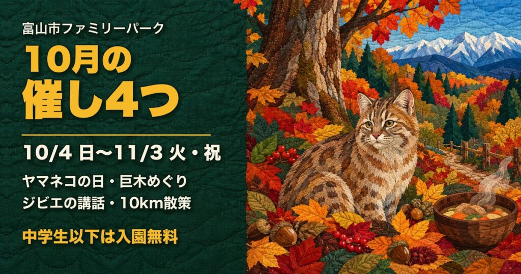 富山市ファミリーパーク 10月のイベントの案内。キルトで描いたツシマヤマネコと紅葉の森