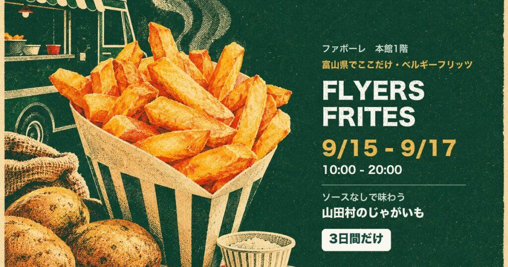 ファボーレ本館1階に9月15日から17日まで出店するベルギーフリッツ専門店FLYERS FRITESの案内図