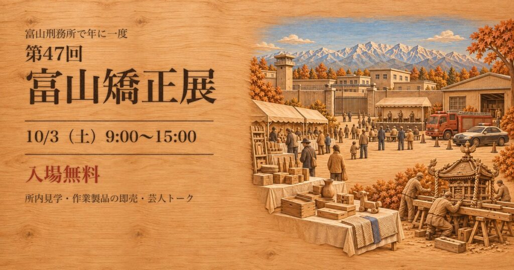 立山連峰と刑務所の門、木工製品の即売と神輿の修理を描いた木彫り風の絵に、第47回富山矯正展 10月3日 入場無料の文字