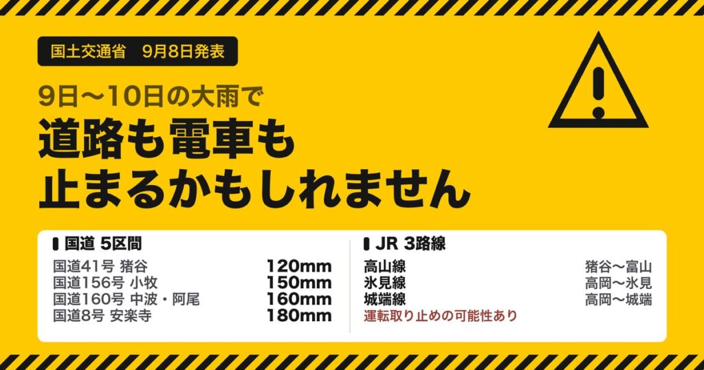 通行止めの可能性がある国道5区間と、運転取り止めの可能性があるJR3路線をまとめた図
