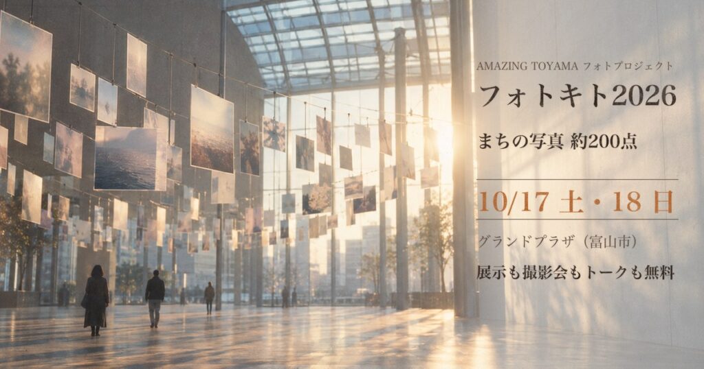 ガラス屋根の広場に吊るされたたくさんのプリント写真と、夕方の逆光