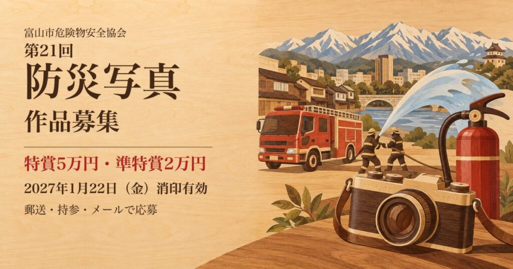 第21回防災写真 作品募集 特賞5万円 2027年1月22日消印有効 富山市危険物安全協会