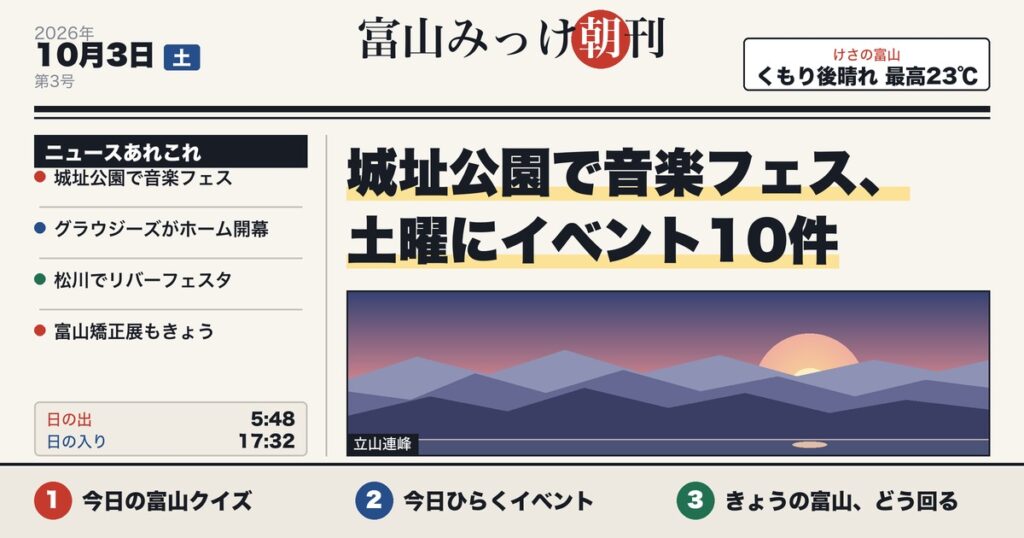 富山みっけ朝刊 10月3日(土)城址公園で音楽フェス、土曜にイベント10件