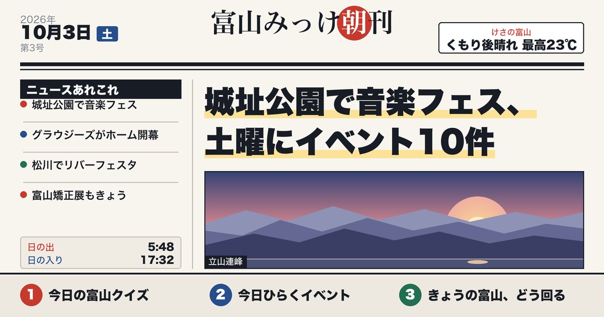 富山みっけ朝刊 10月3日（土）城址公園で音楽フェス、土曜にイベント10件