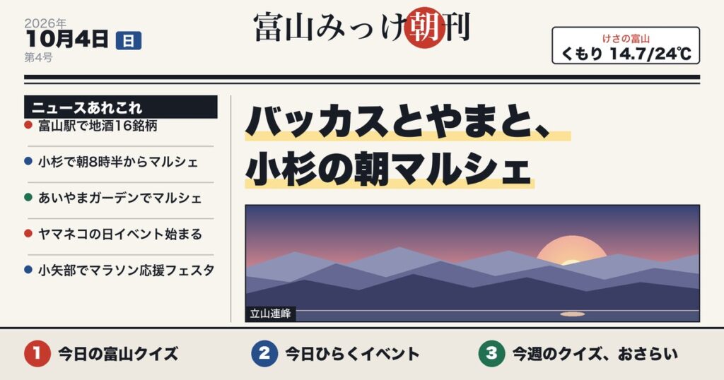 富山みっけ朝刊 10月4日(日)バッカスとやまと、小杉の朝マルシェ