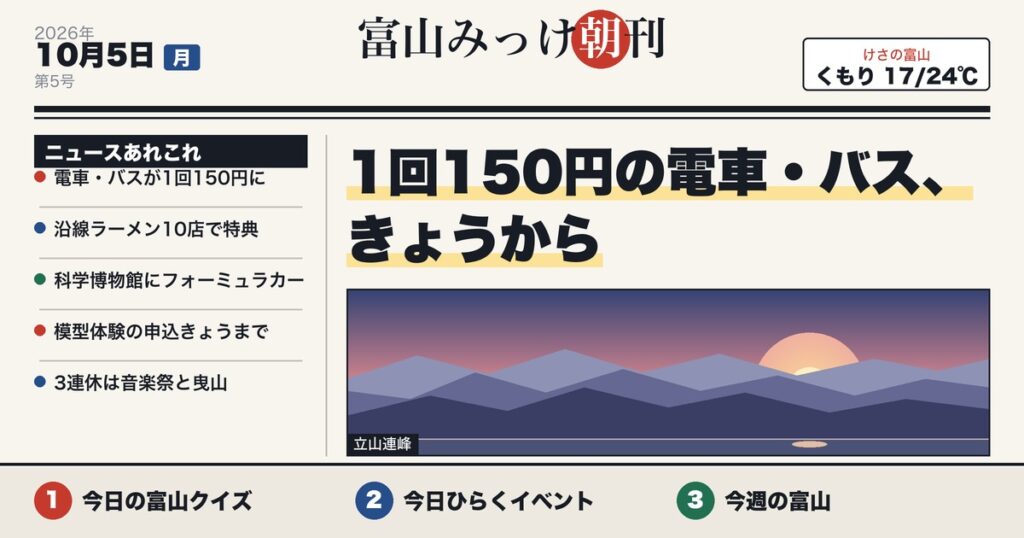 富山みっけ朝刊 10月5日(月)1回150円の電車・バス、きょうから