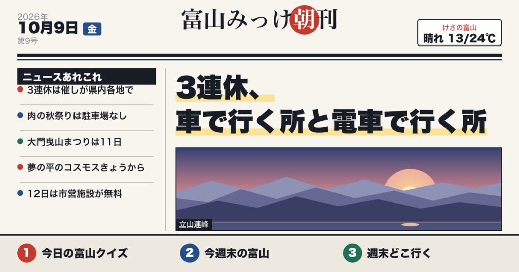 富山みっけ朝刊 10月9日(金)3連休、車で行く所と電車で行く所