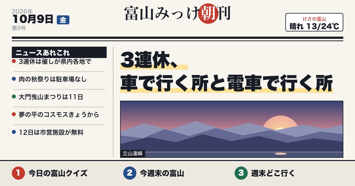 富山みっけ朝刊 10月9日（金）3連休、車で行く所と電車で行く所