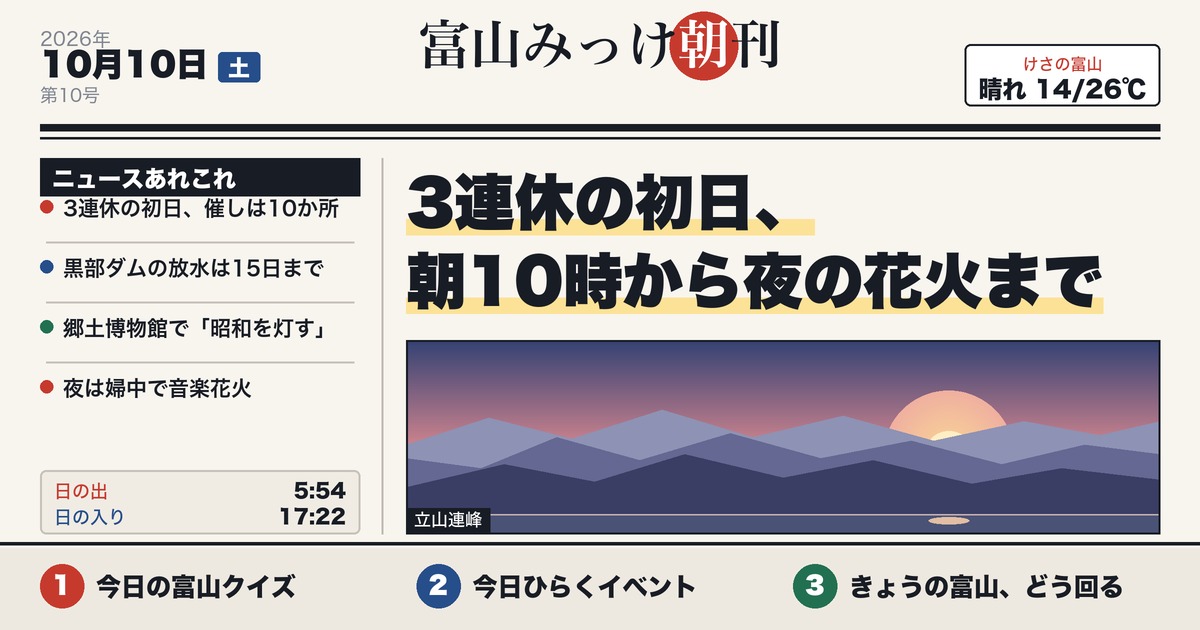 富山みっけ朝刊 10月10日（土）3連休の初日、朝10時から夜の花火まで