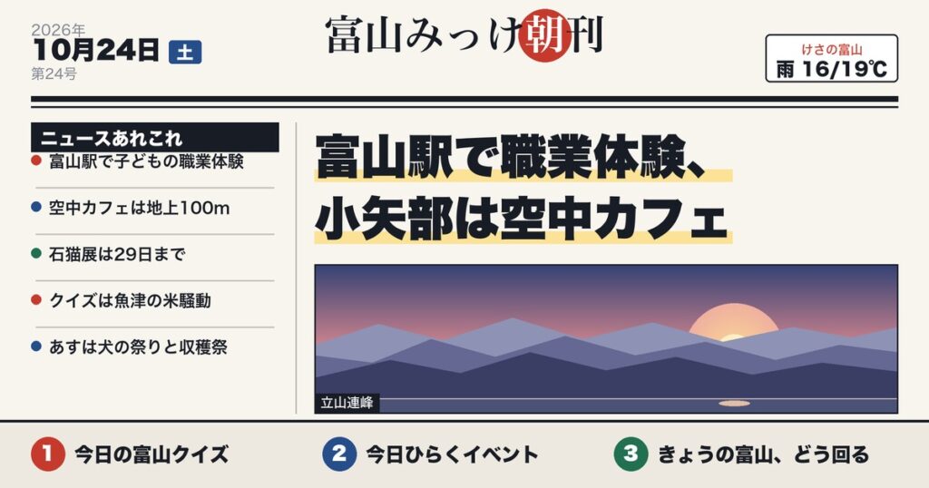 富山みっけ朝刊 10月24日(土)富山駅で職業体験、小矢部は空中カフェ