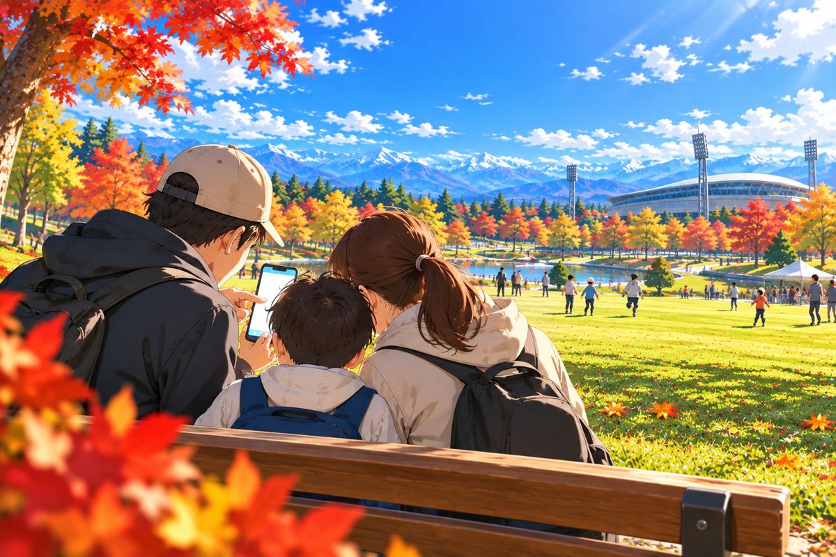 公園のベンチでスマホから申し込みをする親子のイラスト