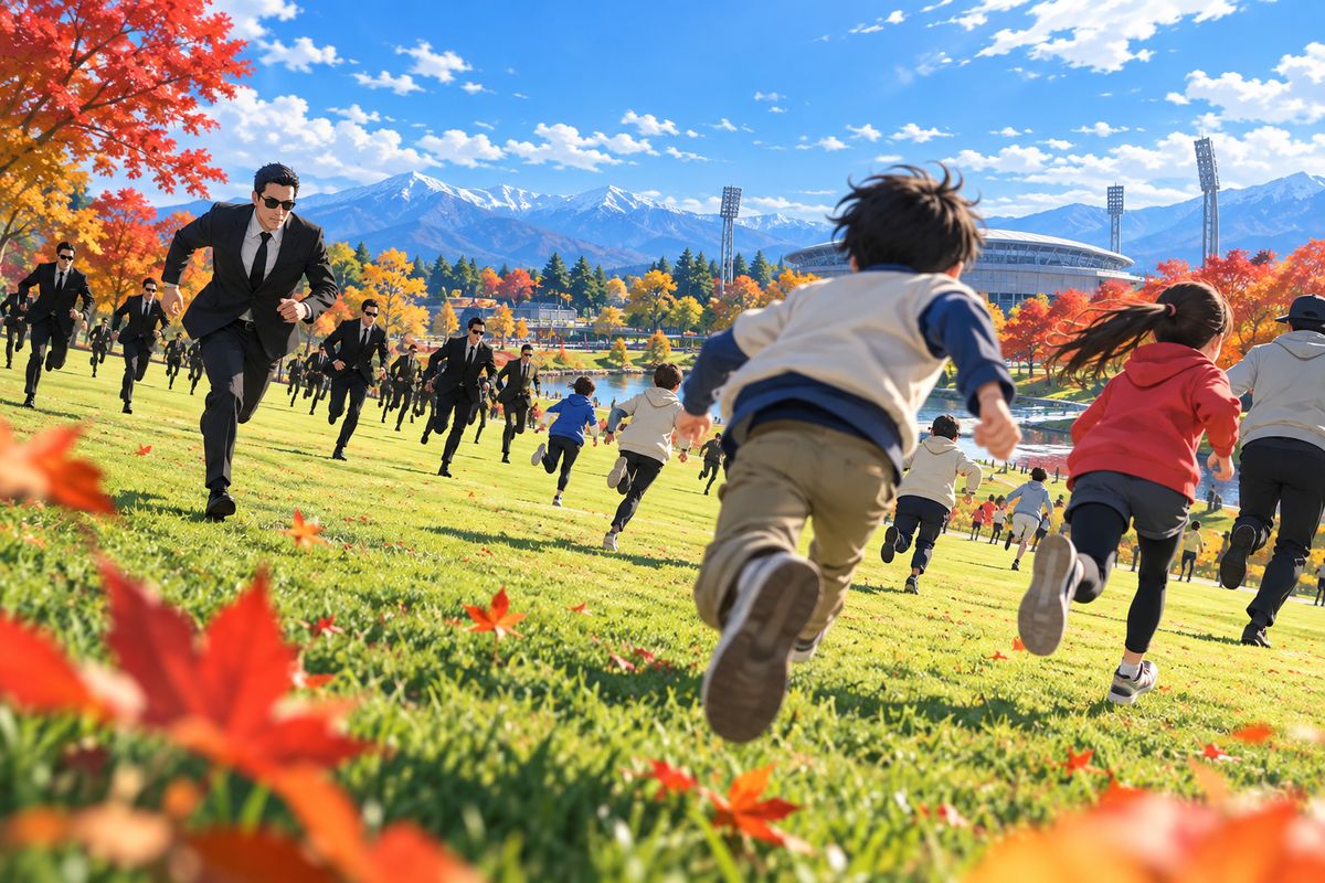 黒いスーツのハンターから芝生の公園を走って逃げる参加者のイラスト