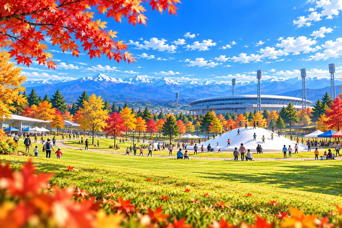 芝生の広場と白いドーム型の遊具、奥に競技場と立山連峰が見える公園のイラスト