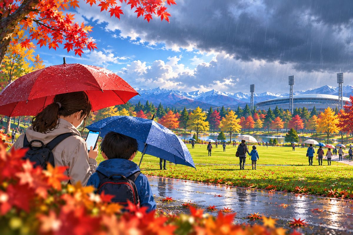 雨雲がかかる公園で傘をさしてスマホでお知らせを確かめる親子のイラスト